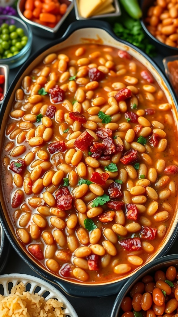 A baking dish of baked beans with bacon, garnished with parsley, on a table set for a large gathering.